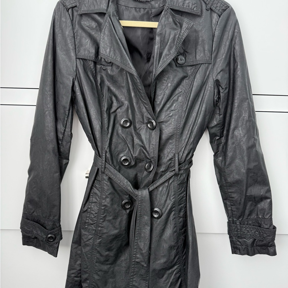 Elegant black pleather Double-Breasted Trench Coat